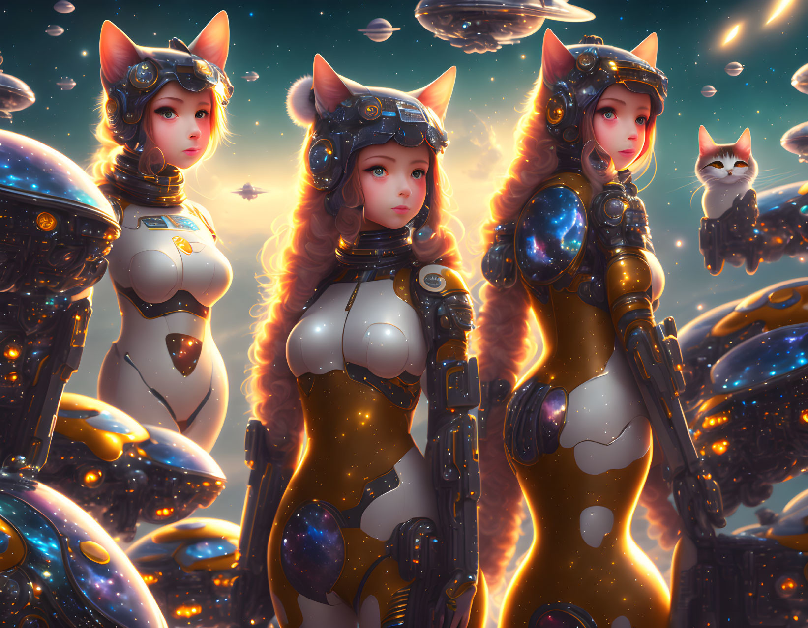 Futuristic female characters with cat-like features in space suits against cosmic background