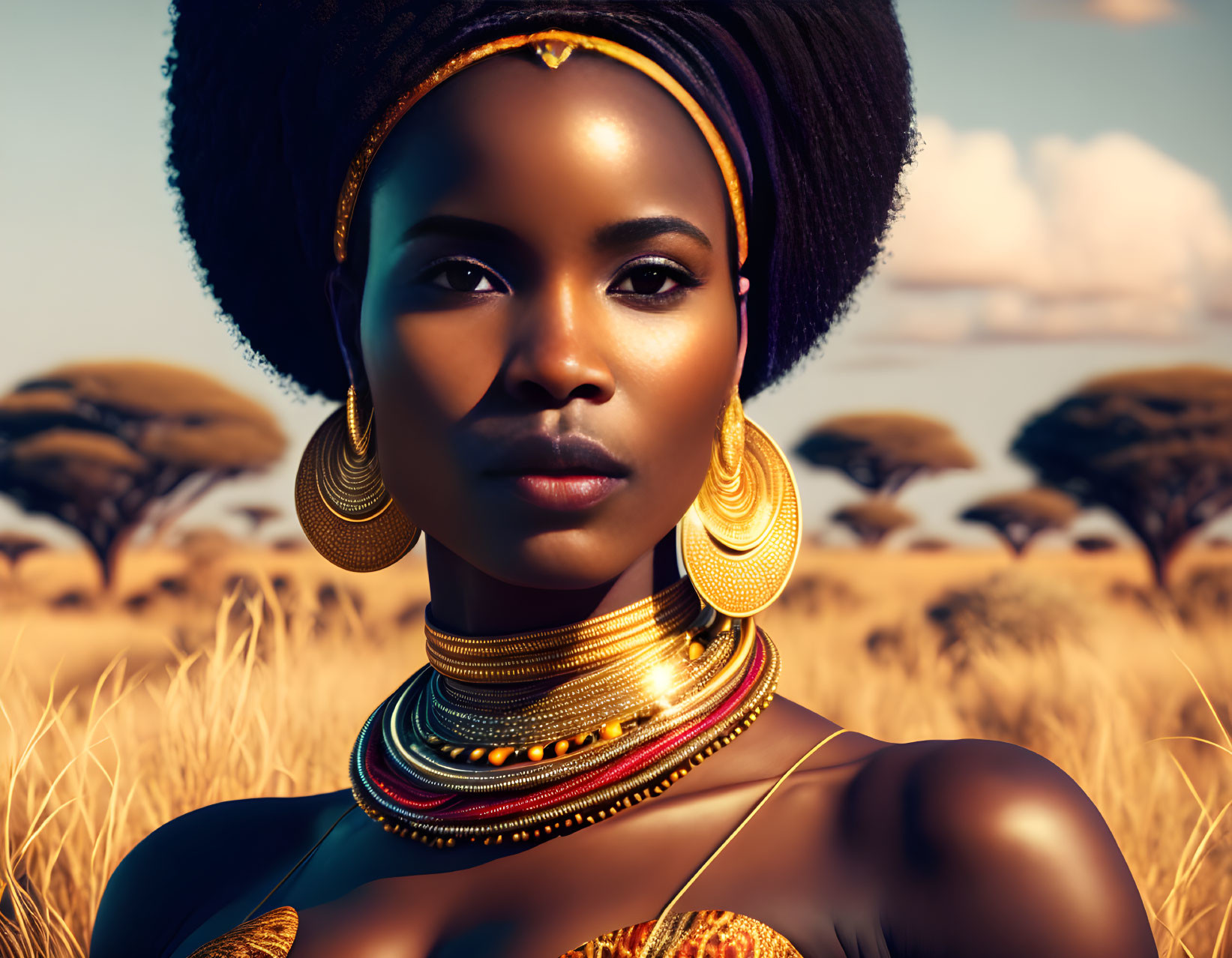 Woman in vibrant attire with golden jewelry standing in sunlit savanna
