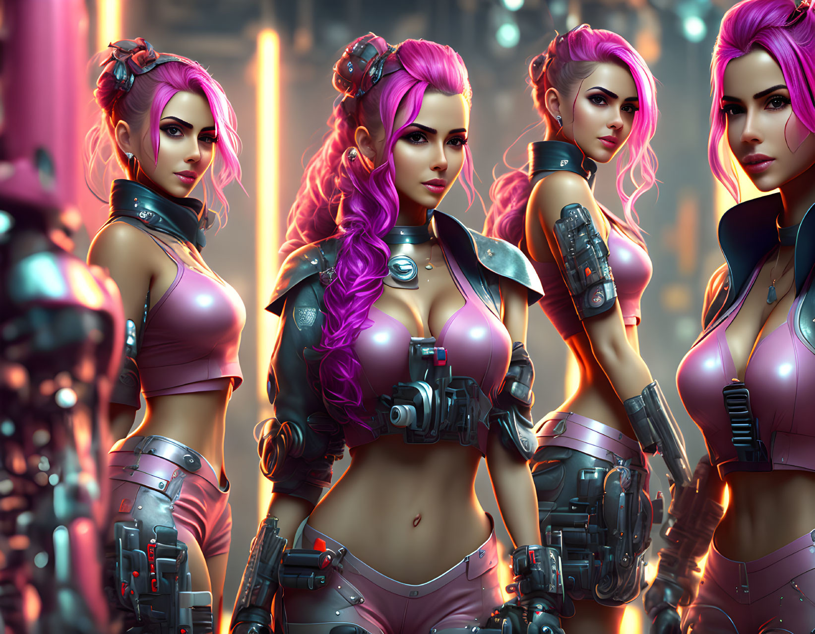 Four Female Characters with Pink Hair in Futuristic Armor in Neon-lit Setting
