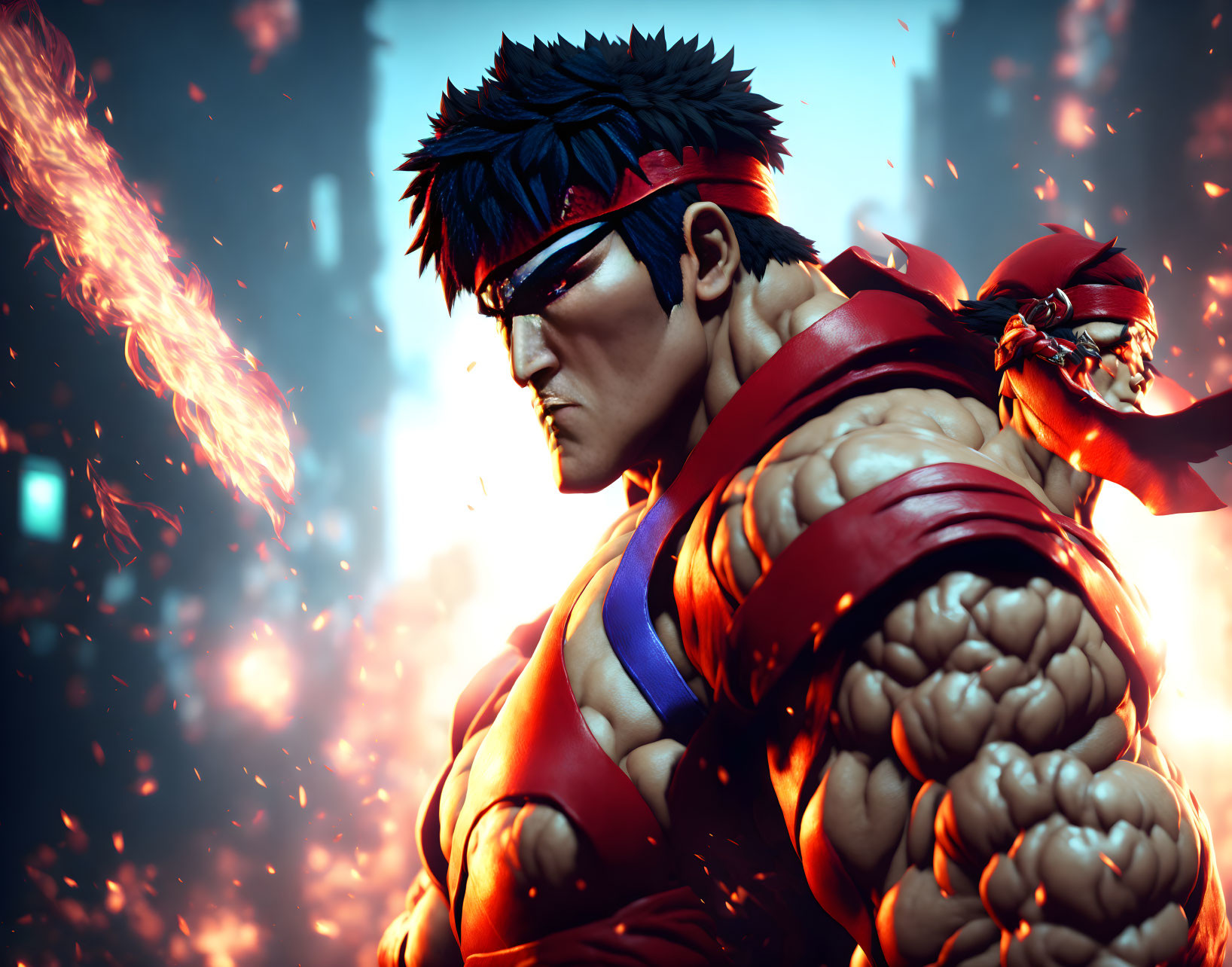 Dynamic combat scene: animated martial artists in fiery aura with energy attack.