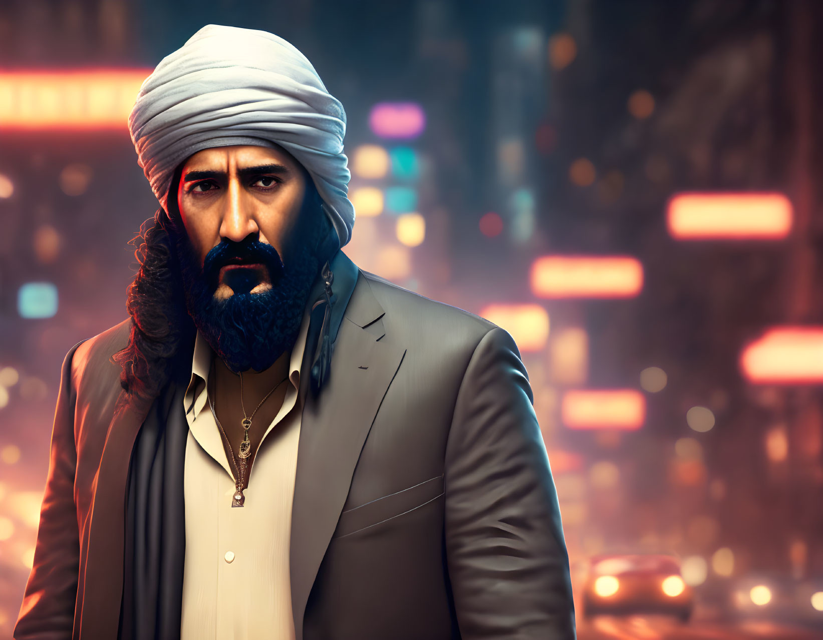 Bearded man in white turban against city nightscape
