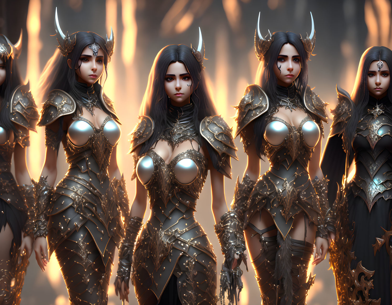 Five Female Warriors in Ornate Armor with Horned Helmets on Fiery Background