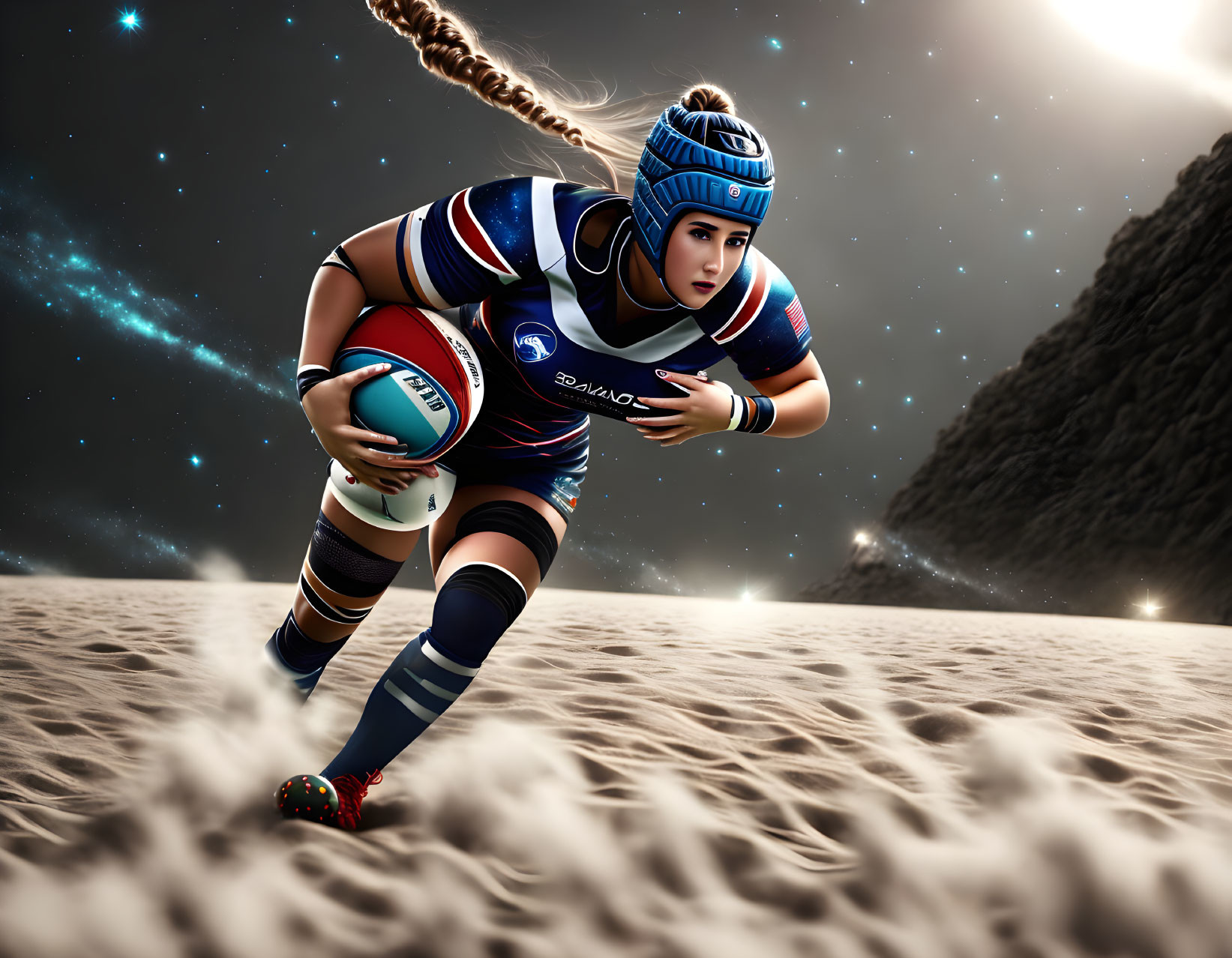 Female rugby player in 3D running on sandy surface under starry sky