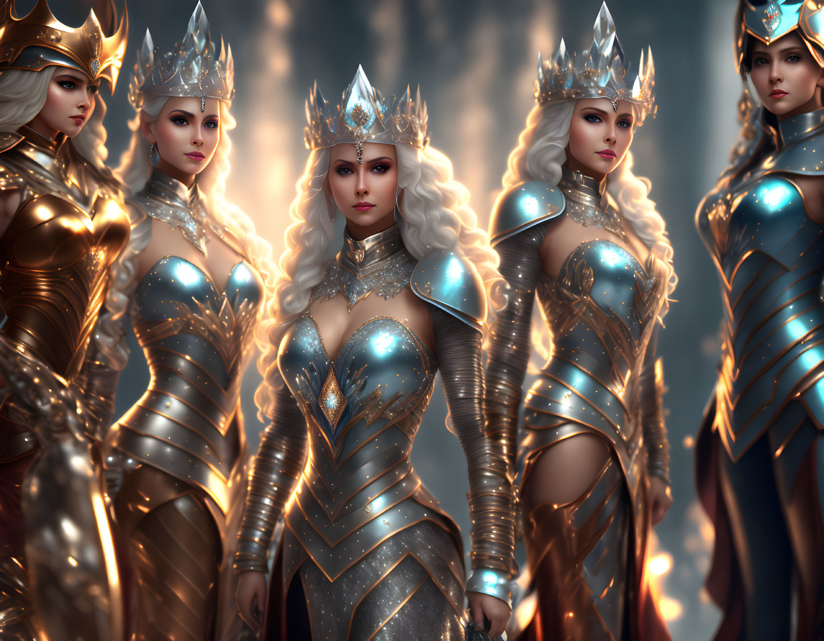 Five Female Warriors in Elaborate Fantasy Armor and Crowns Standing Resolute