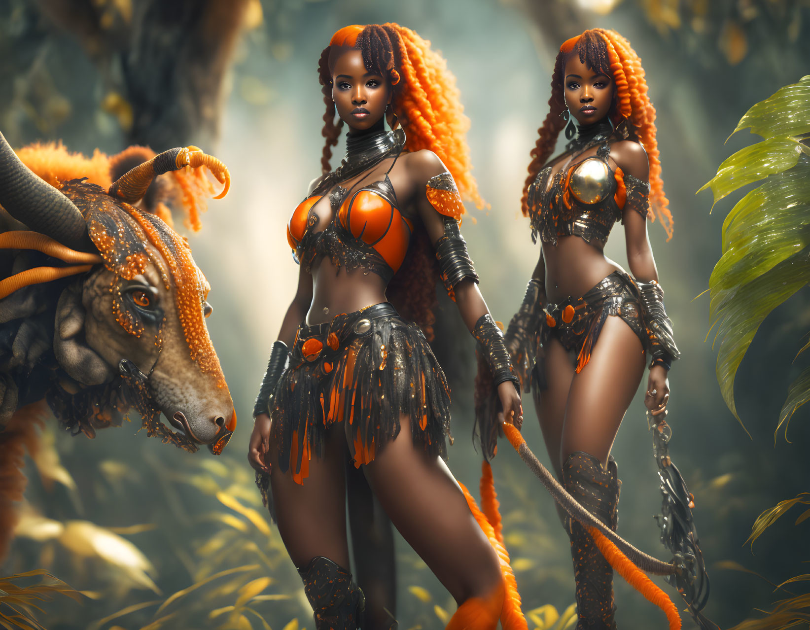 Two women in fantasy warrior costumes with dragon in lush forest