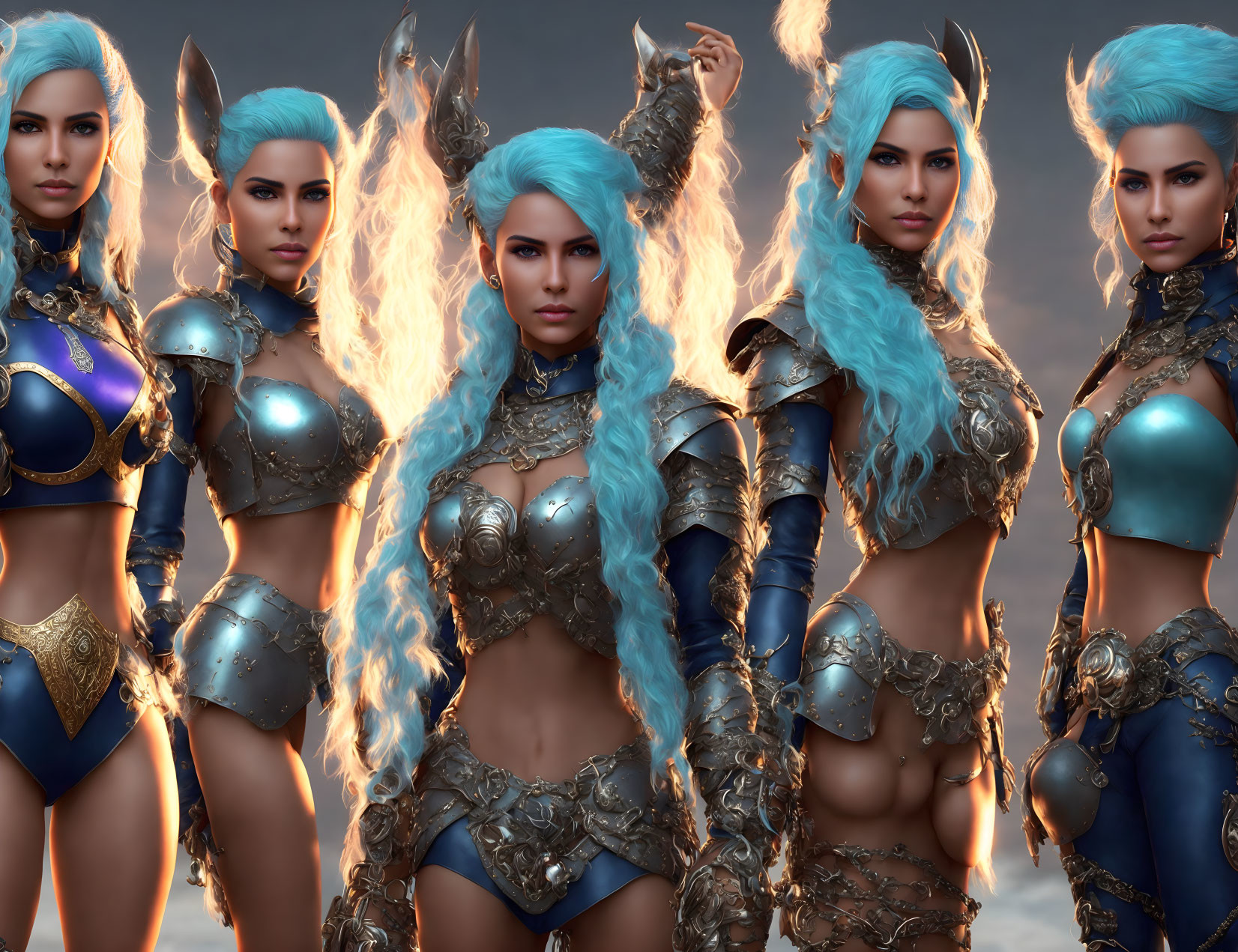 Five female warriors in ornate armor with blue hair on a cloudy backdrop