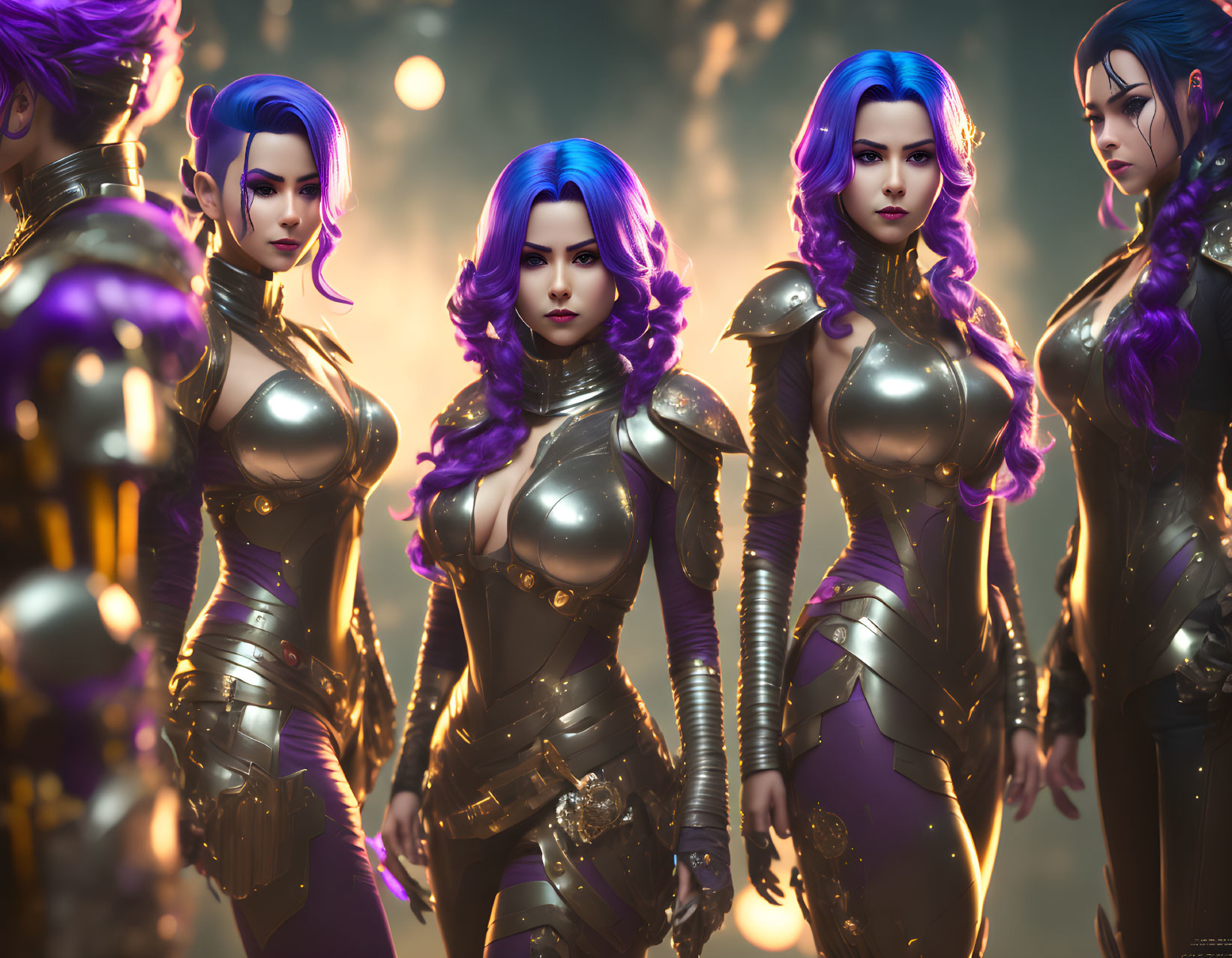 Four Female Warriors in Futuristic Armor with Purple Hair Stand United