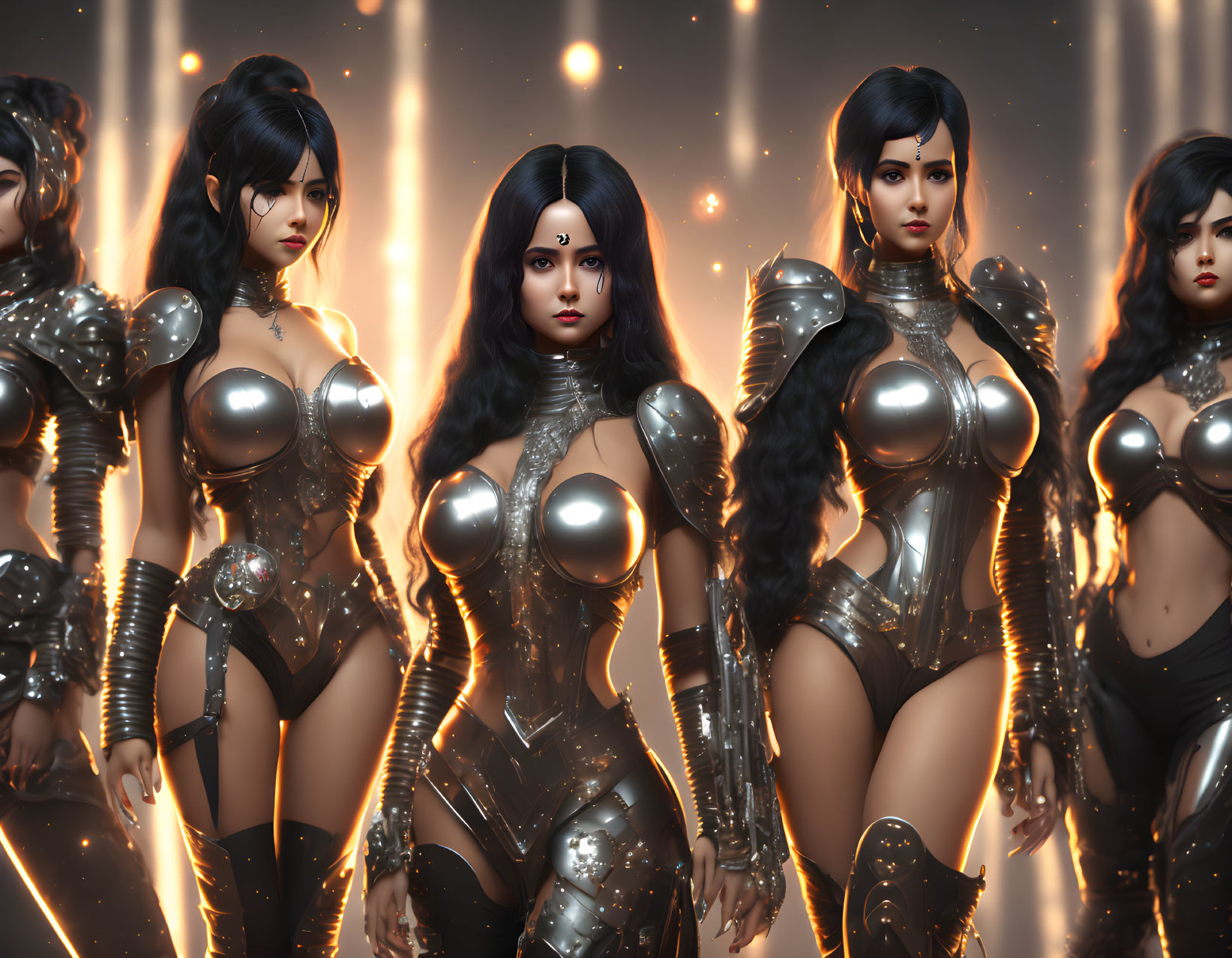 Five Female Warriors in Futuristic Silver Armor with Glowing Orange Lights