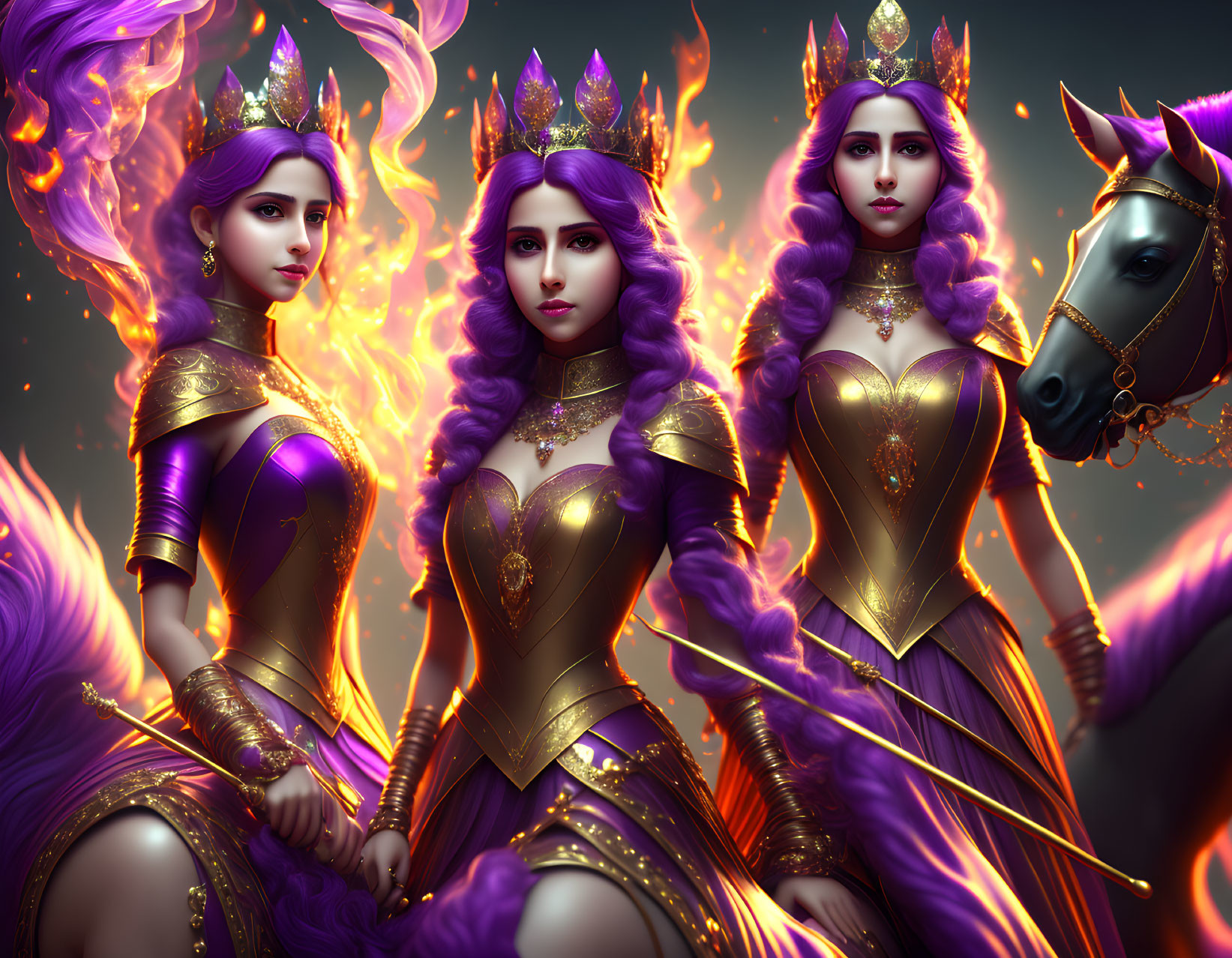 Three identical women in regal purple and gold armor with flames and a horse.