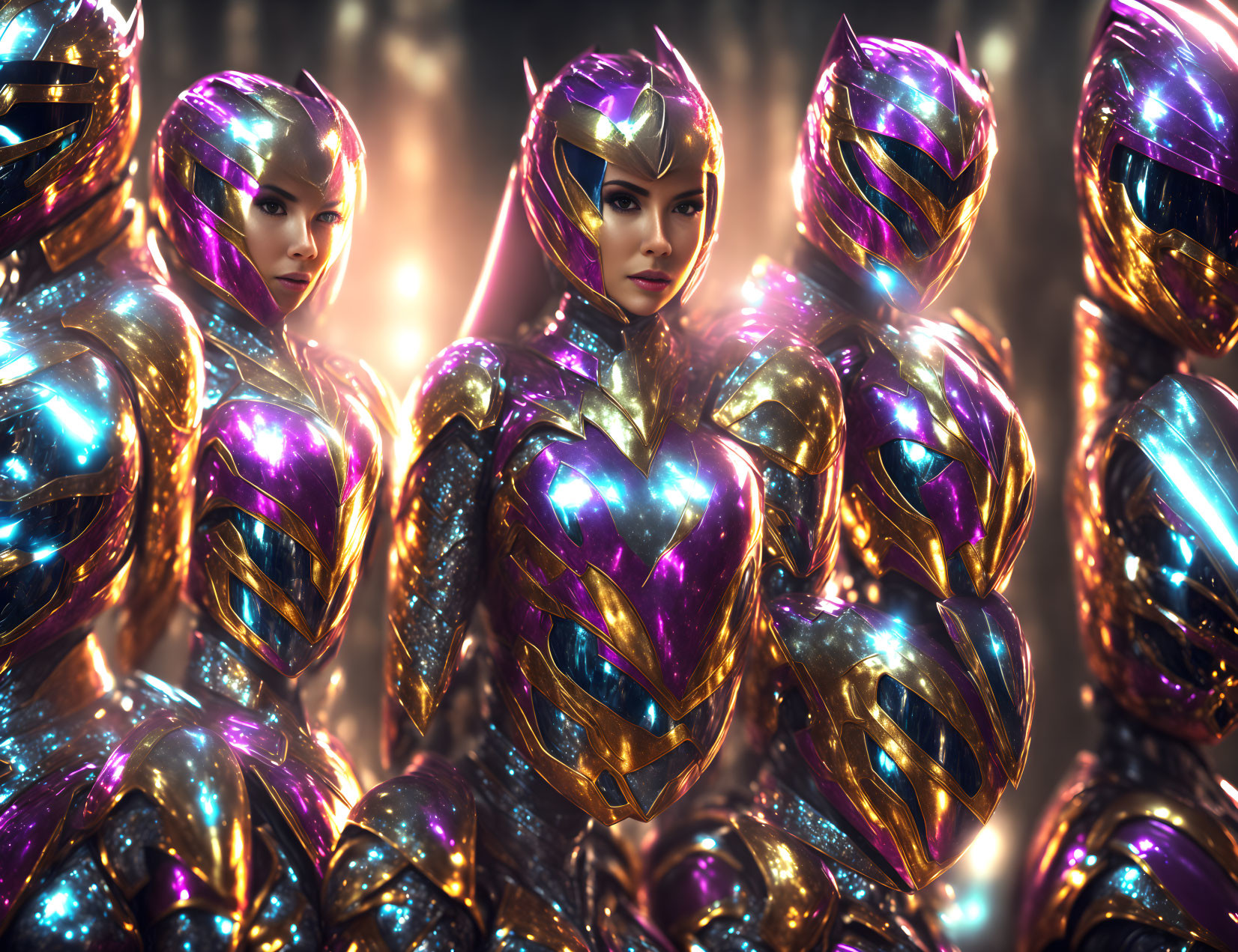 Futuristic warriors in reflective purple and gold armor pose confidently