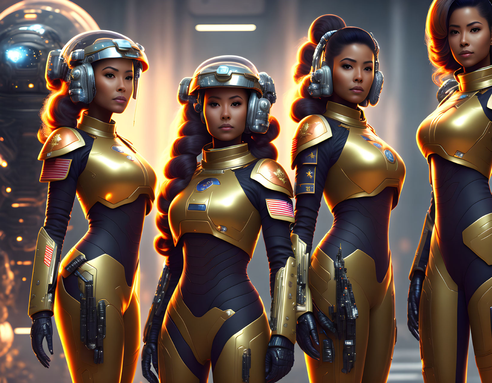 Three futuristic female warriors in gold and black armor suits in a sci-fi setting.