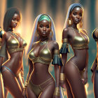 Stylized female figures in golden armor and regal crowns on blue backdrop