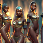 Four futuristic female figures in gold spacesuits against glowing backdrop