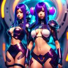 Futuristic women with purple hair in matching armor on sci-fi backdrop