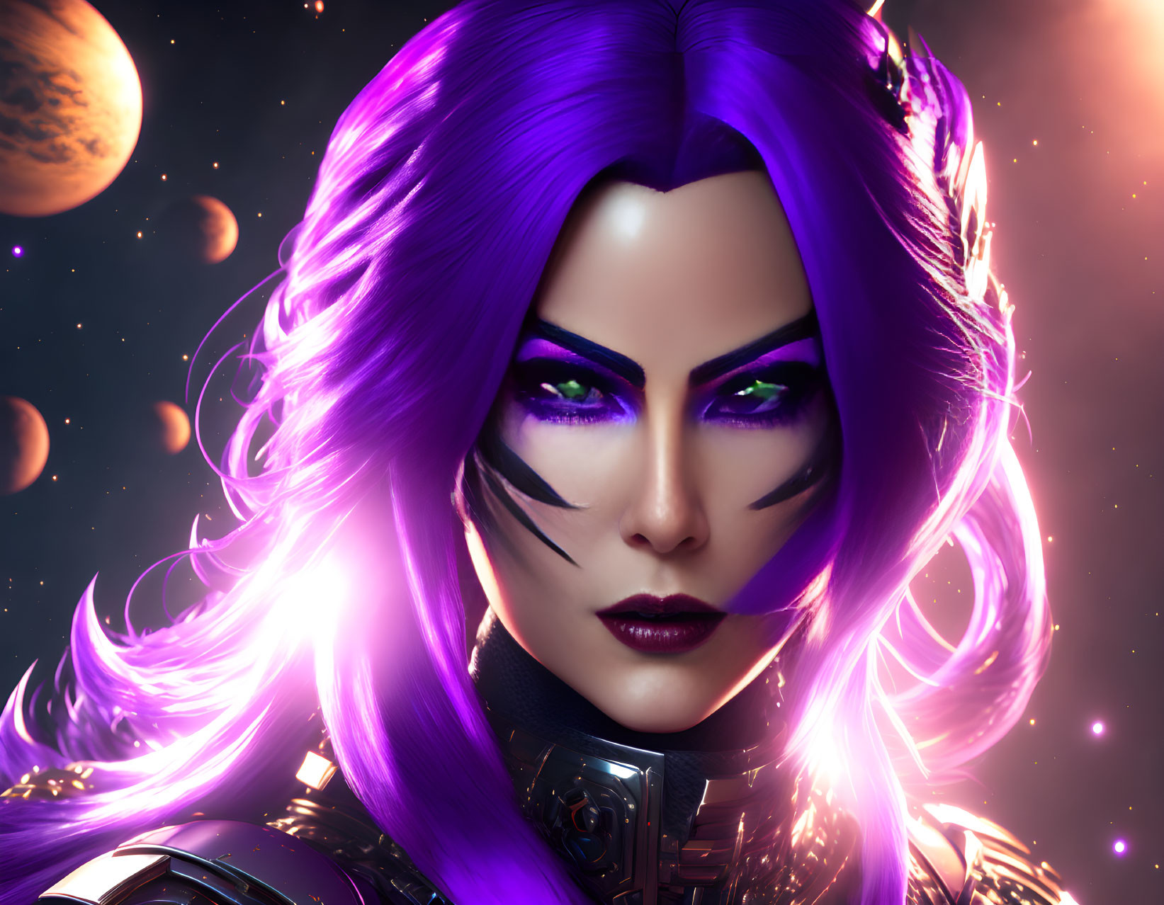 Purple-haired female character in futuristic armor against cosmic backdrop