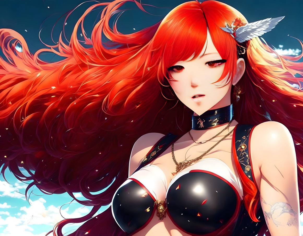 Digital artwork: Woman with vibrant red hair and feather accessory in black outfit, gold jewelry, fierce gaze