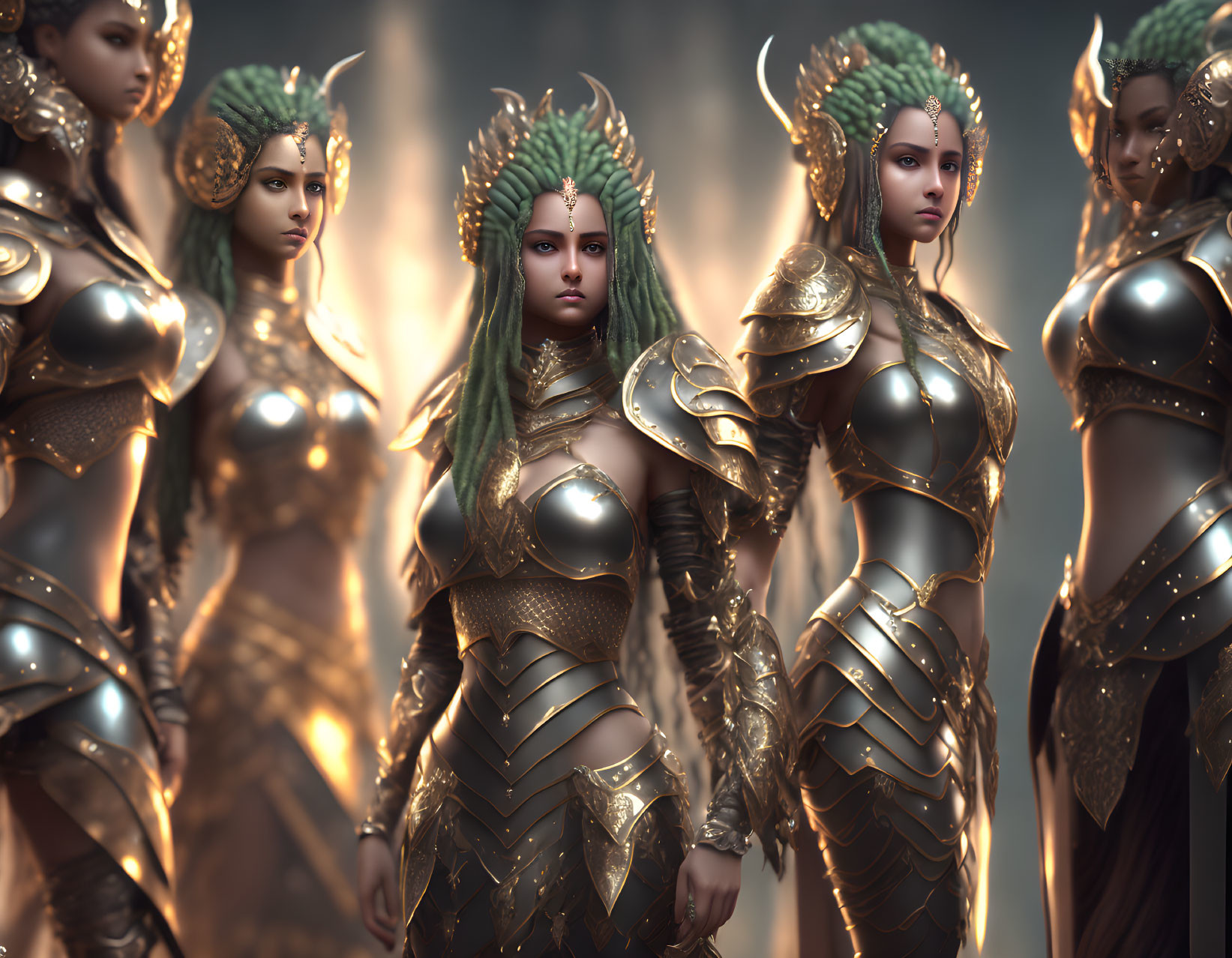 Warrior Women in Elaborate Golden Armor with Dragon-like Helmets