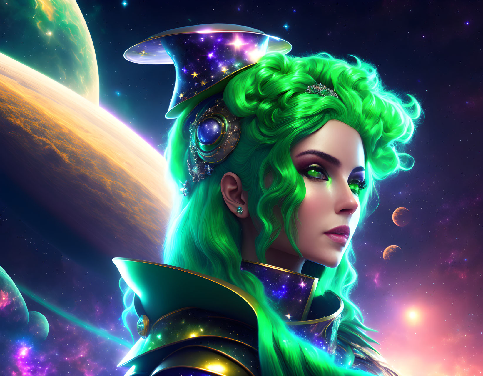 Digital artwork: Woman with vibrant green hair in cosmic attire, galaxy backdrop.