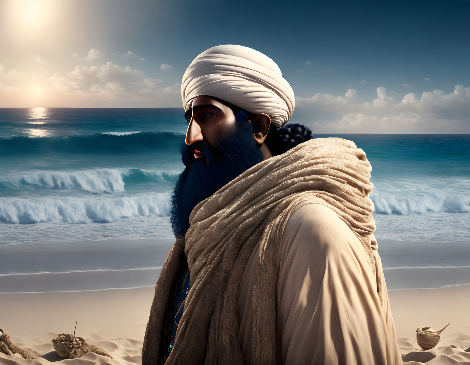Bearded Man in White Turban Contemplates Sea at Sunset