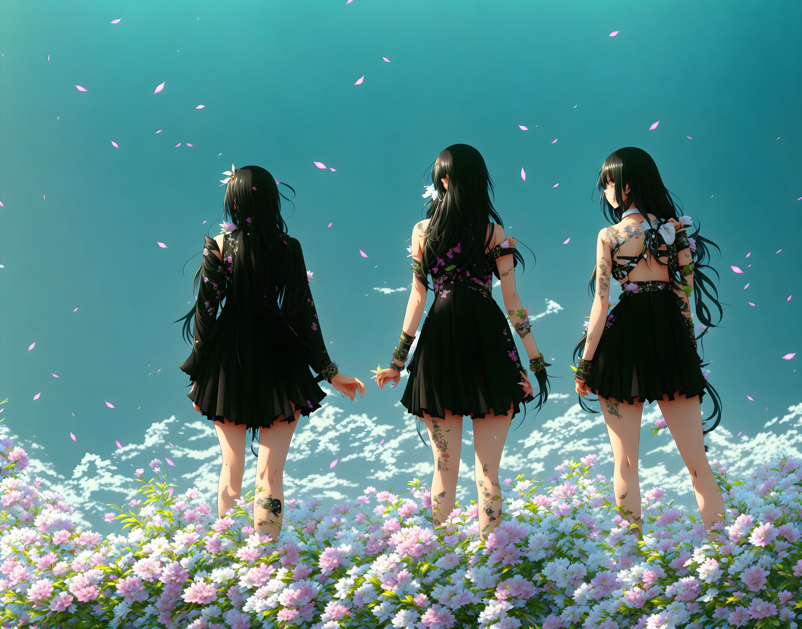 Three women in black floral dresses holding hands in pink flower field with teal background.