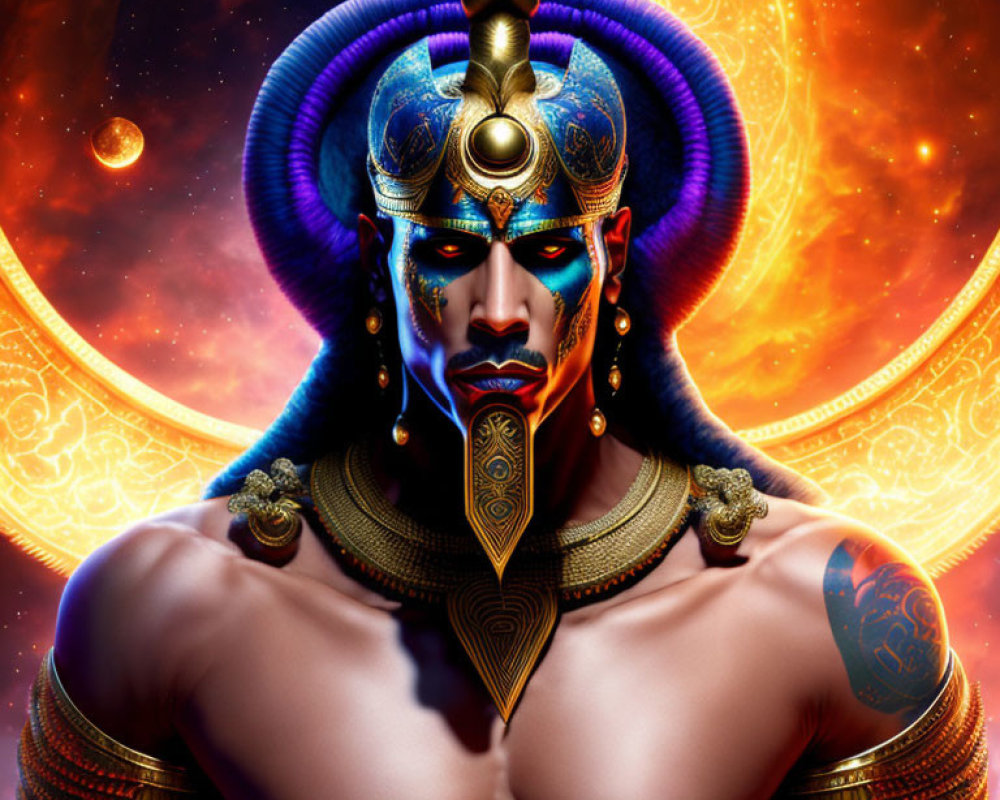Muscular male figure with blue skin in Indian headdress and armor against cosmic backdrop