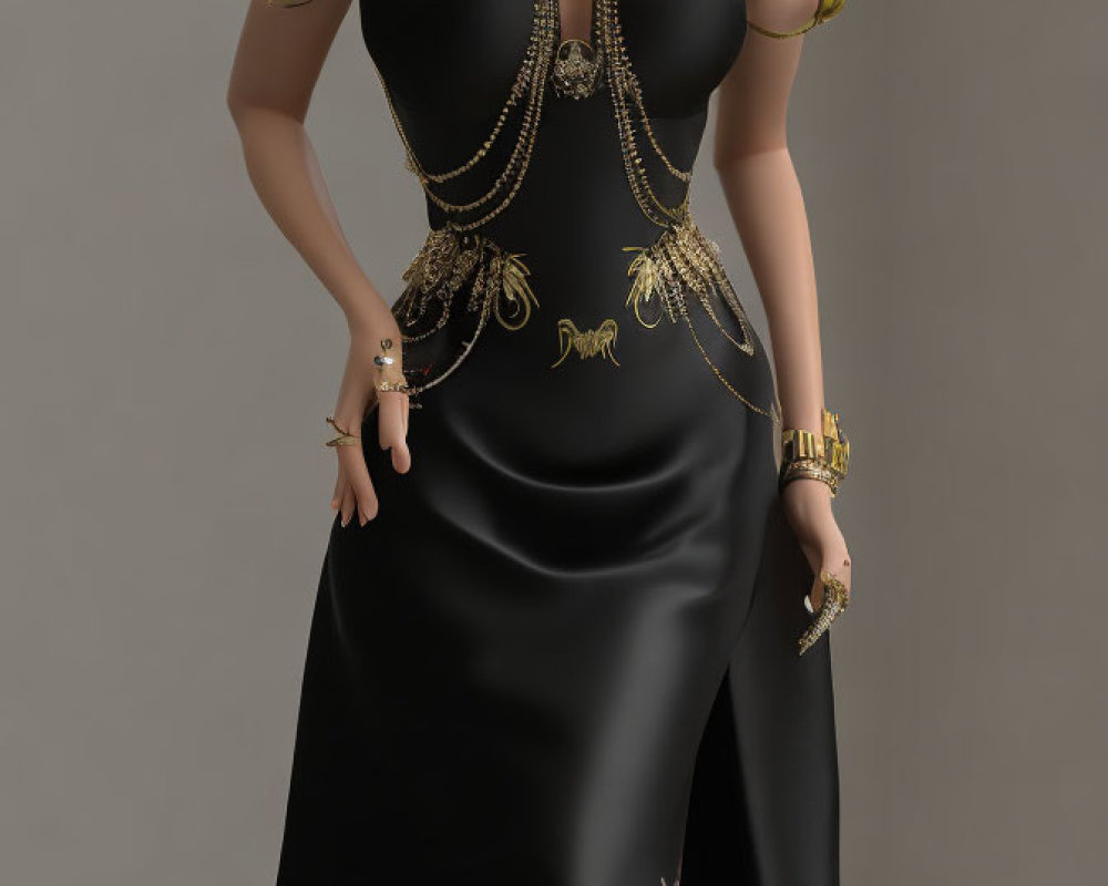 Digital artwork of woman in black off-the-shoulder gown with gold trim