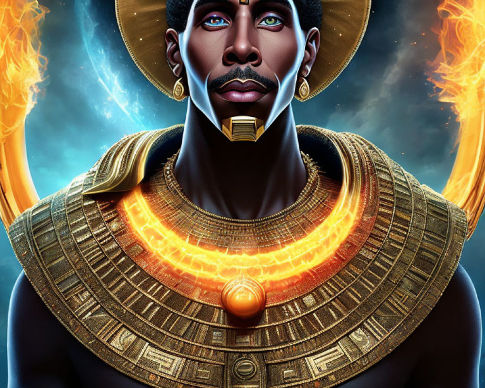 Male figure in Egyptian-inspired attire with golden neckwear and glowing halo.