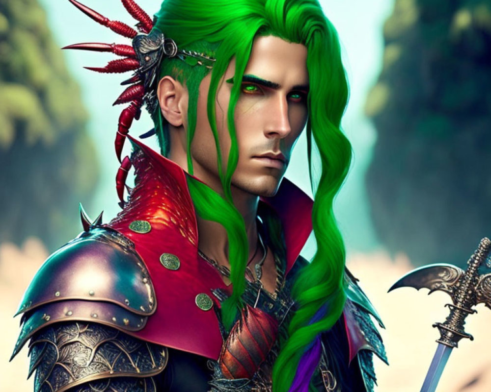 Fantasy elf warrior with green hair and red armor holding axe in forest.