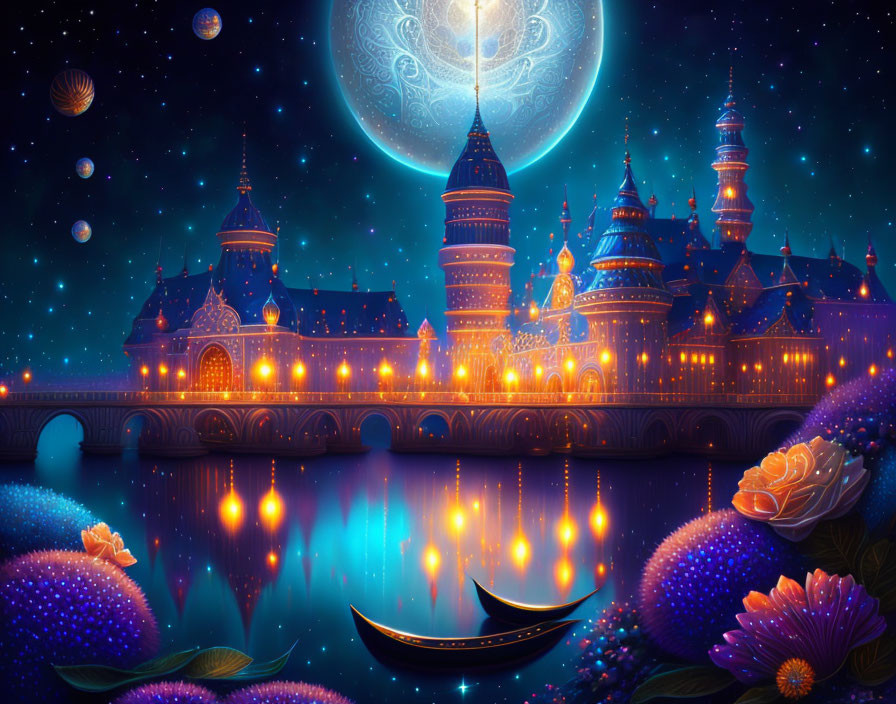 Fantasy illustration: Glowing castle, reflective river, illuminated bridge, boat, moonlit sky.