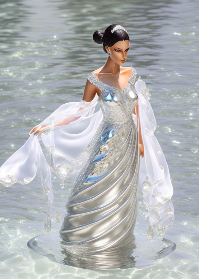 Illustration of woman in silver gown standing in water