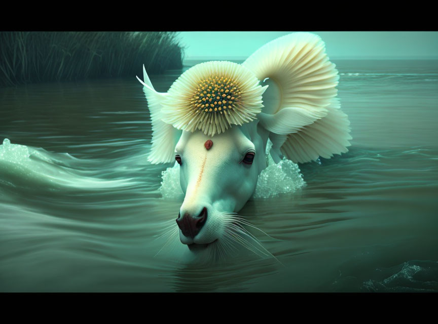 Mystical white creature with sheep's head in foggy water