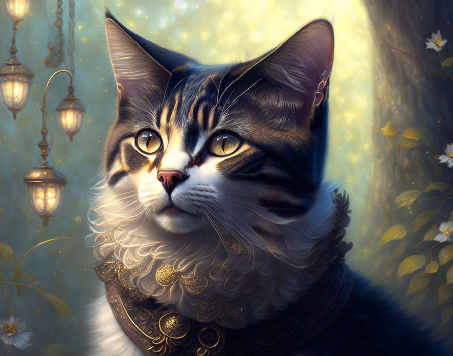 Majestic cat with elegant collar in lantern-lit scene
