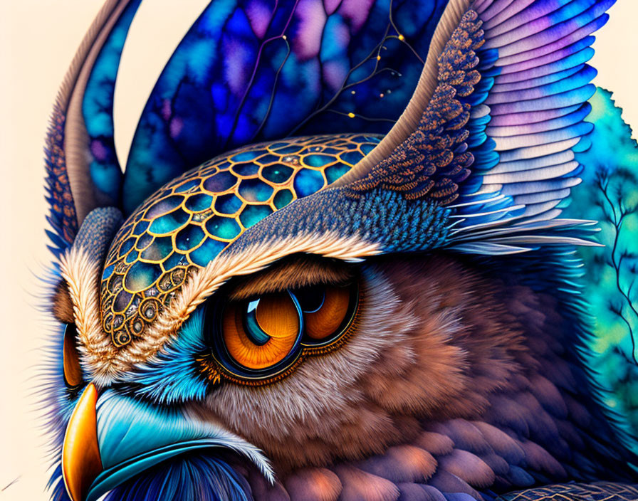 Detailed illustration of vibrant multicolored owl with intricate feather patterns