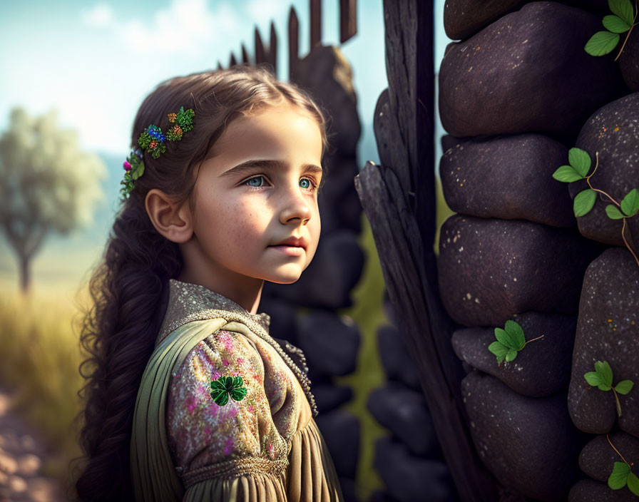 Young girl with braided hair and flowers by stone wall in serene countryside.