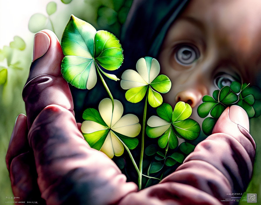 Child observing through lush green clover leaves with wonder in eye
