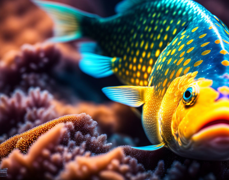 Colorful Fish with Yellow and Blue Spots Swimming Near Coral in Aquarium