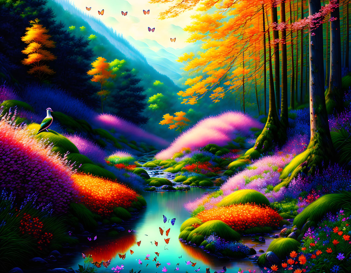 Colorful Fantasy Forest Landscape with Stream, Foliage, Flowers, and Butterflies