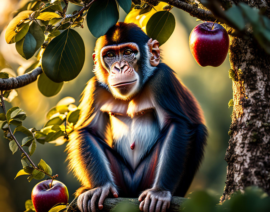 A monkey sitting in an apple tree.