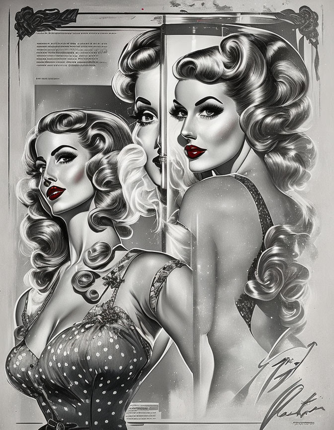Monochrome illustration of glamorous woman in vintage pin-up style with polka dot dress