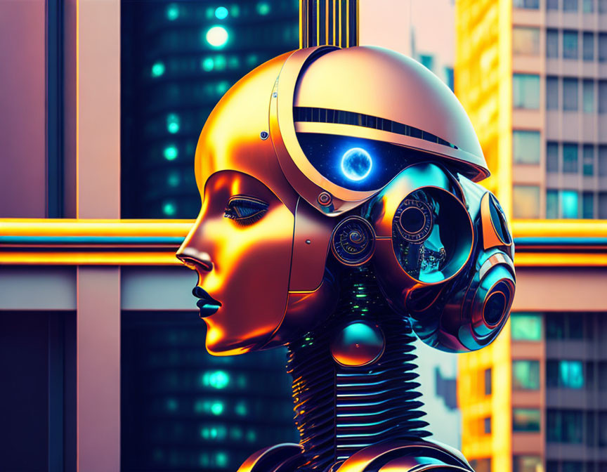 Detailed 3D female robot with intricate headgear in front of glass buildings