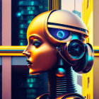 Detailed 3D female robot with intricate headgear in front of glass buildings