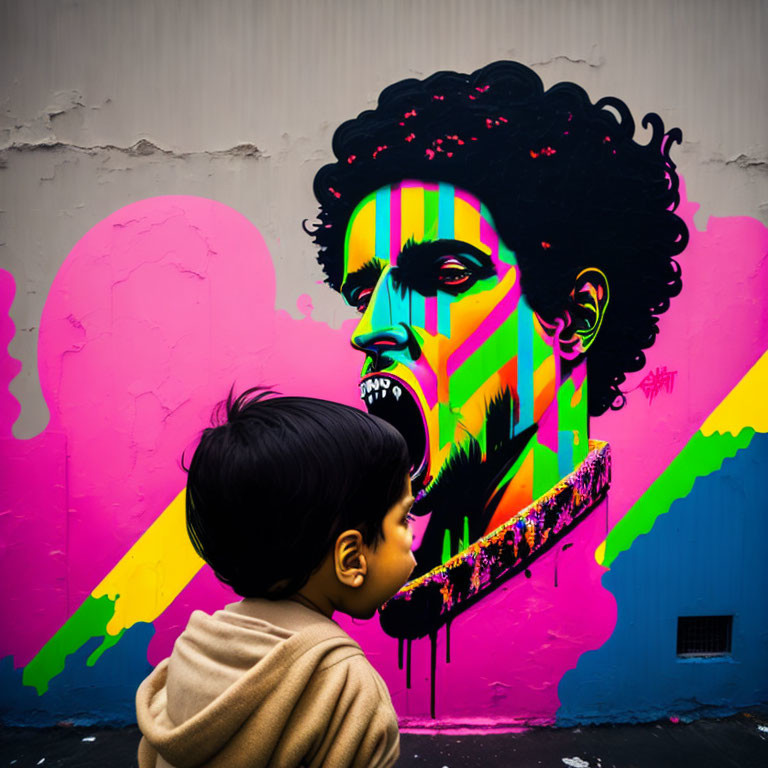 Child in Beige Coat Observing Vibrant Mural with Colorful Portrait