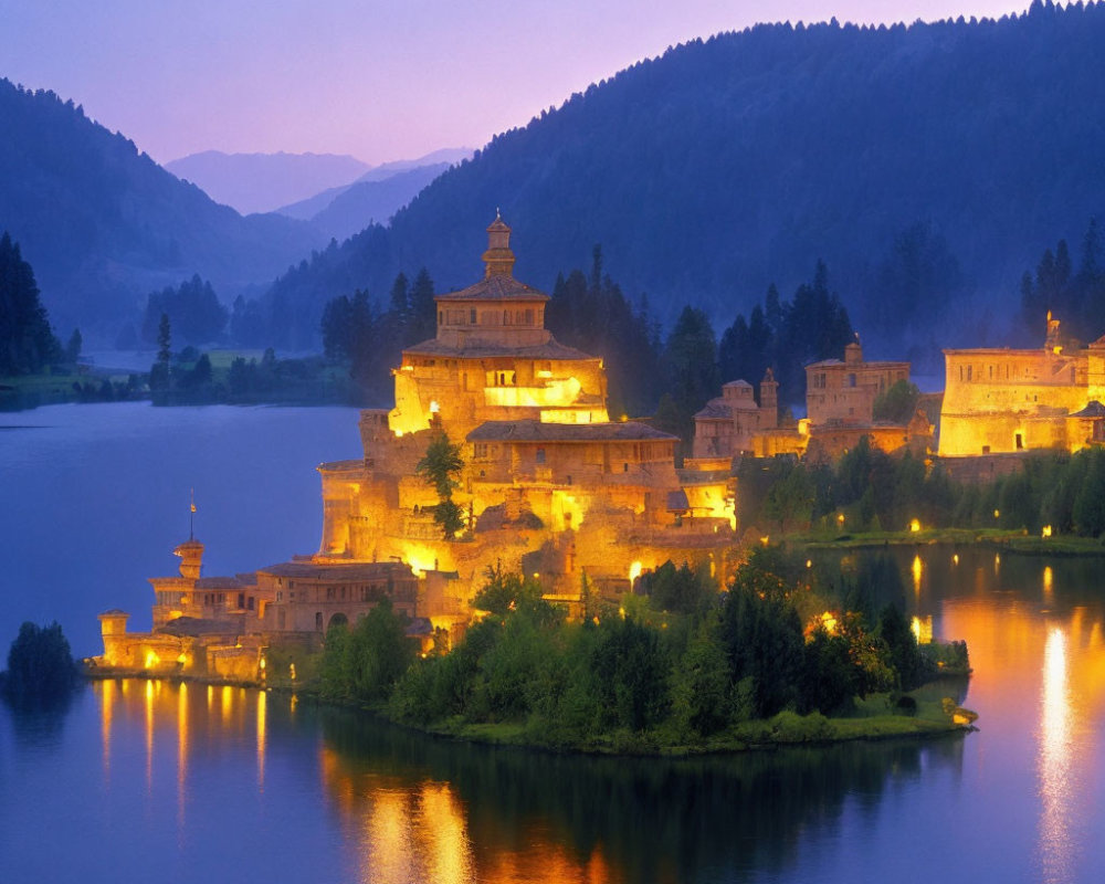 Twilight scene: Castle by calm lake, forested hills.