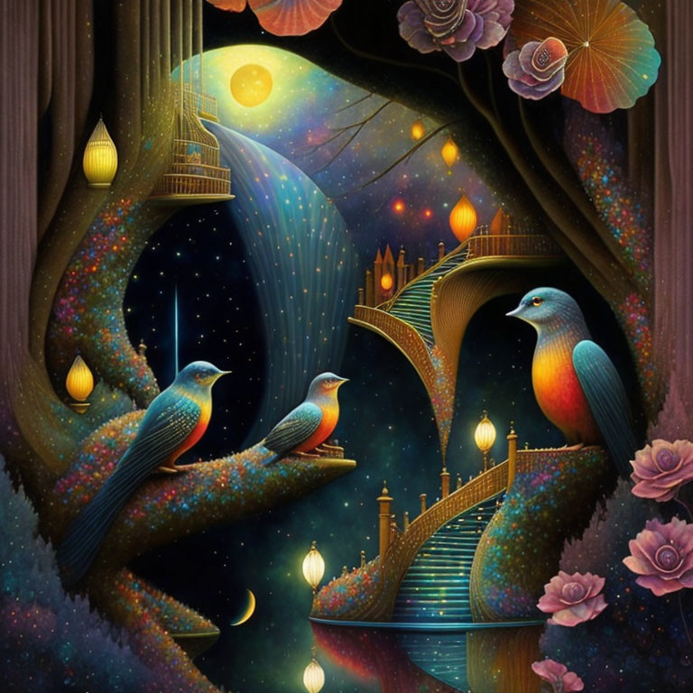 Vibrant cosmic landscape with waterfalls, foliage, birds, stars, candles, and moons