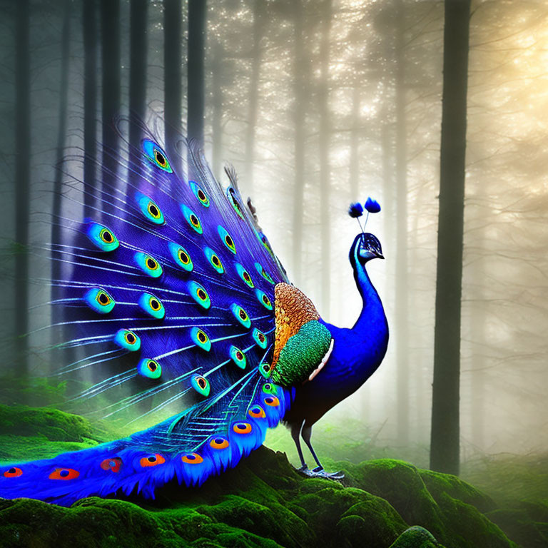 Colorful peacock in foggy forest with sunlight filtering through trees