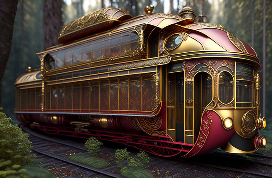 Ornate vintage-style train with gold and burgundy decorations in forest setting
