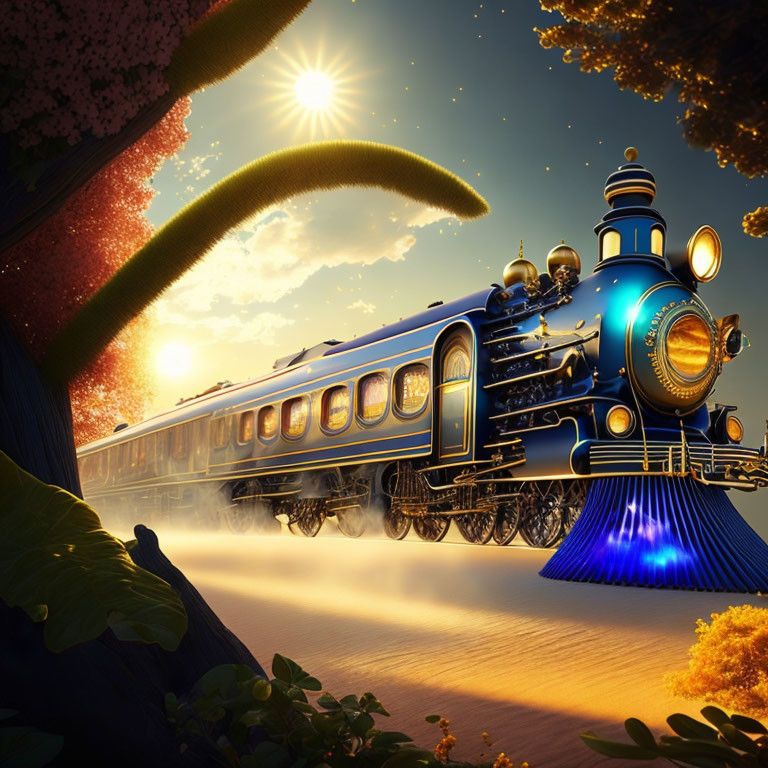 Steampunk-style train in cosmic landscape with blue and gold accents