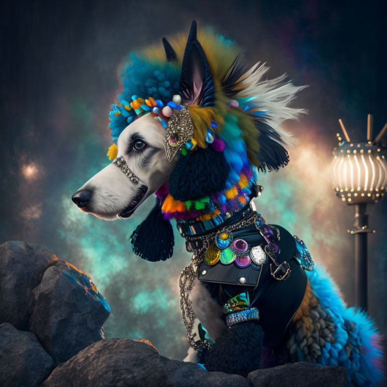 Colorful Dog with Artistic Headdress and Jewelry Sitting Among Rocks