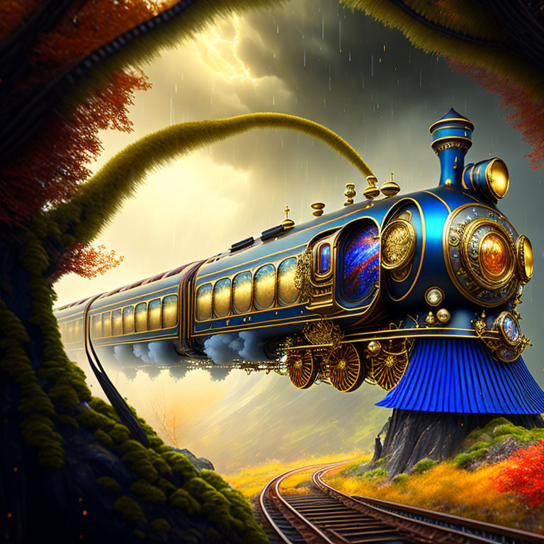 Ornate Blue Train with Golden Accents in Colorful Landscape