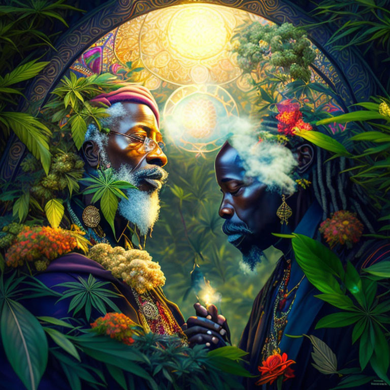 Men with beards in colorful attire surrounded by lush foliage and mystical geometric pattern